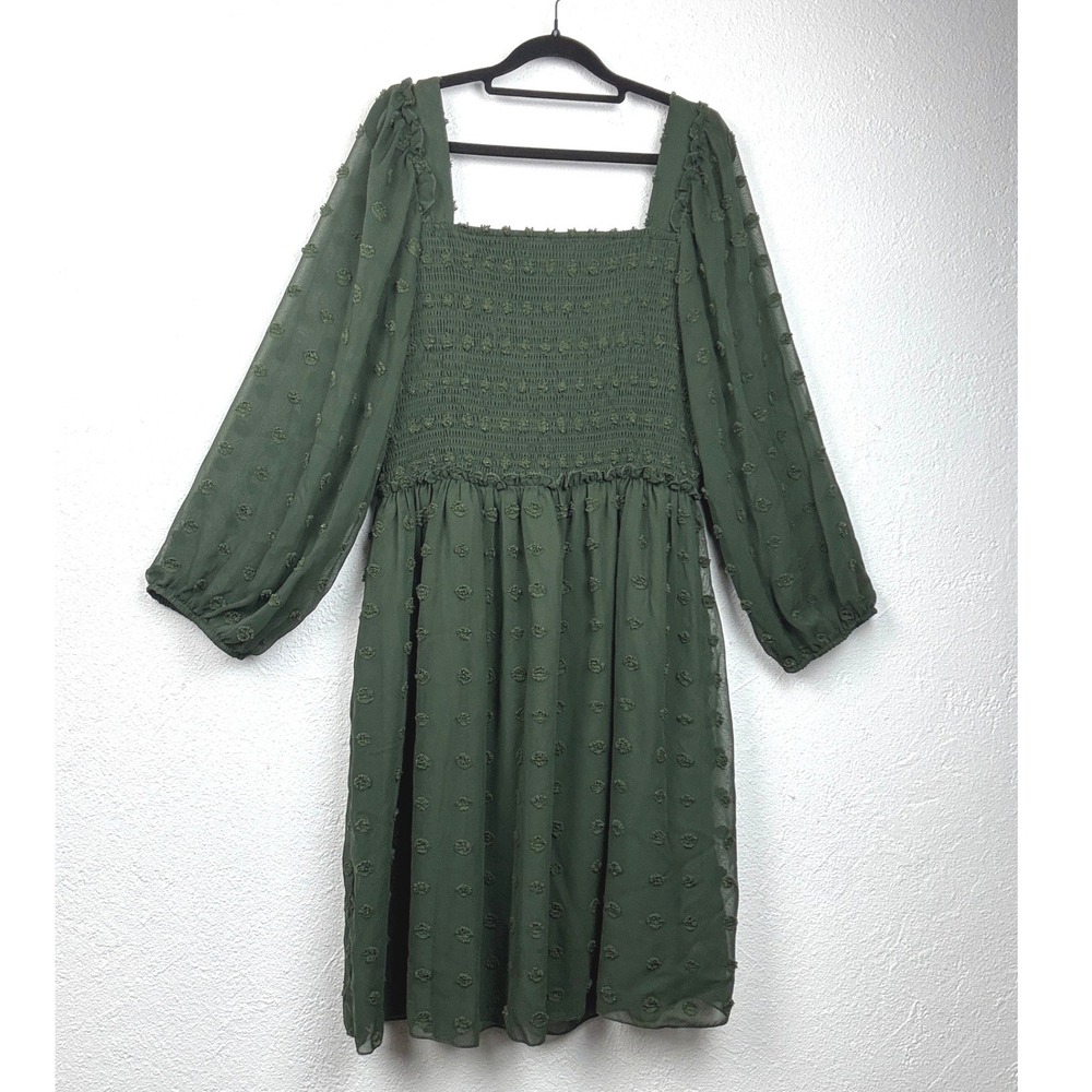 BTFBM Dark Green Swiss Dot Smocked Dress - XL - Long Sleeve Boho Cottagecore